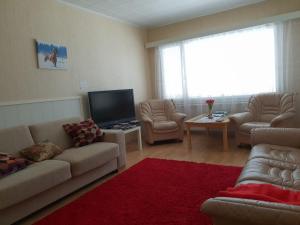 SorsakoskiにあるMini-Mani Northern Houseのソファと椅子とテレビのあるリビングルーム