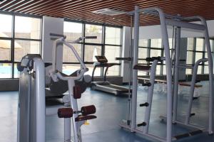 a gym with several tread machines in a room with windows at Ethiopian Skylight Hotel in Addis Ababa
