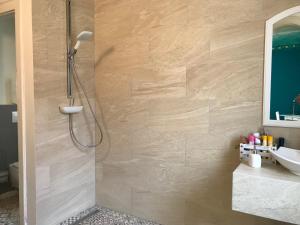 bagno con doccia e lavandino di Downtown Vibes Belle Vue Apartments a Timişoara