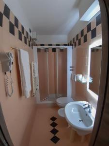 a bathroom with a sink and a toilet and a mirror at Hotel Garnì Villa Fontana in Trento