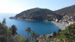 uitzicht op een strand op een heuvel naast de oceaan bij VILLA MIMOSA Splendida Vista Mare in Bonassola