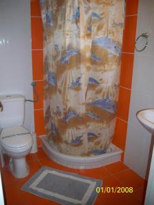 a bathroom with a toilet and a shower curtain at Theoxenia Paralio Astros in Paralion astros