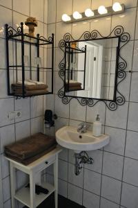 Hraunsnef Country Hotel في Bifrost: حمام مع حوض ومرآة