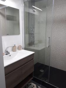 La salle de bains est pourvue d'un lavabo blanc et d'une douche. dans l'établissement Appartement Cosy - Les Ecureuils, à Arès