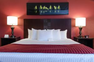 um quarto com uma cama grande e 2 candeeiros em Harrington Inn em Fremont