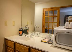 a bathroom with a sink and a microwave at Harrington Inn in Fremont