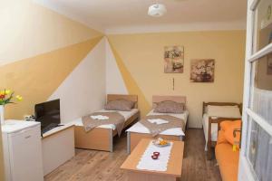 um pequeno quarto com duas camas e uma televisão em Privatni Smještaj i Seoski Turizam "SUDAR" em Bizovac