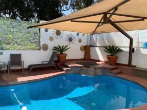 提華納的住宿－REAL INN de Tijuana，一个带遮阳伞的游泳池和庭院