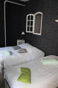 two beds in a bedroom with a mirror on the wall at Le Lion d'Or in Selles-sur-Cher