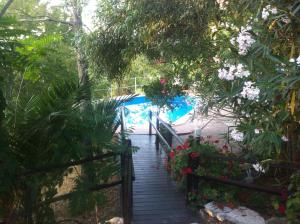 una escalera que conduce a una piscina con flores en Agriturismo Ridocco, en Corleone