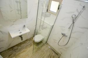 a bathroom with a shower and a toilet and a sink at Casa del Sole Lux in Kotor