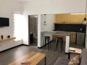 een woonkamer met een keuken en een aanrecht bij Casa Maye in Oaxaca City
