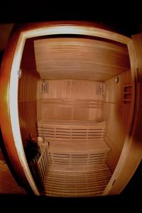 an inside view of a wooden sauna at Château Trillon in Sauternes