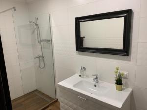 een badkamer met een wastafel en een douche met een spiegel bij Lili Motel in Sajószentpéter