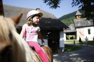 a little girl riding on the back of a horse at Familienbauernhof Glawischnig-Hofer in Gmünd in Kärnten