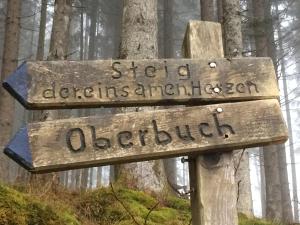 a wooden sign in the middle of a forest at Familienbauernhof Glawischnig-Hofer in Gmünd in Kärnten