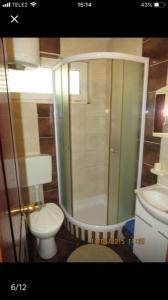 een badkamer met een douche, een toilet en een wastafel bij Apartmani Lončar in Novalja