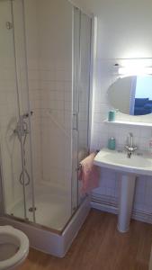 Un baño con ducha, inodoro y lavabo. en Studio rénové, en Cosne-Cours-sur-Loire