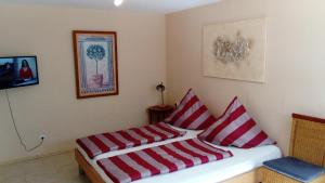 ZaberfeldにあるVilla in Seenahe Badesee Ehmetsklingeのベッドルーム1室(赤と白のストライプ枕付きのベッド1台付)