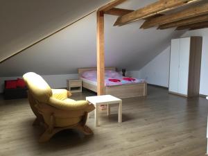 a room with a bed and a chair and a mirror at AgroBorcz in Borcz
