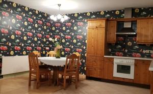 a kitchen with a table with chairs and a floral wallpaper at Kompfort Business Apartment in Wertheim +8 photos