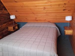 a bedroom with a bed with two lamps on tables at CABAÑAS LOS PATOS in Lago Puelo