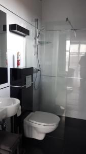ein Badezimmer mit einem weißen WC und einem Waschbecken in der Unterkunft KOMFORT PLUS in Babice Nowe