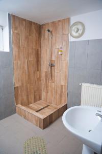 a bathroom with a shower with a tub and a sink at Pensiunea Pedro in Cluj-Napoca