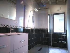 a bathroom with a glass shower and a sink at Maison de ville centre arles in Arles