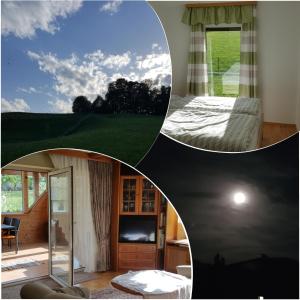 duas fotografias de um quarto com uma cama e uma televisão em Ferienhaus Mitterbauer em Oberhofen am Irrsee