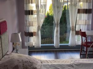 1 dormitorio con 1 cama y una ventana con cortinas en Krakowska Apartamenty, en Szczecin