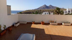 ラ・イスレタ・デル・モロにあるIsleta del Moro (Cabo de Gata) Inmejorables vistas - amplia terraza.の白い壁のパティオ(鉢植えの植物付)