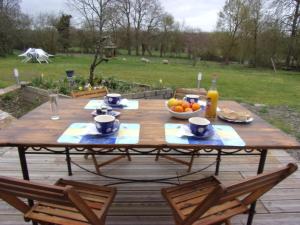 a wooden picnic table with a bowl of fruit on it at LES ROCHES DE COIGNE in Sainte-Anne-sur-Vilaine