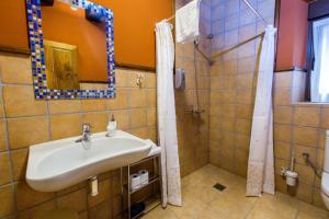 un baño con lavabo y ducha en La Dobra de liebana, en Cambarco 27 fotos más