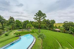 an overhead view of a swimming pool in a lush green yard at Omah Sabin Villa East in Canggu +52 photos