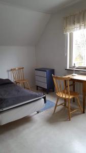 een slaapkamer met een bed en een tafel en stoelen bij Odensvi Vandrarhem in Odensvi