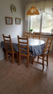 a dining room table with four chairs and a table and a table and chairsktop at Odensvi Vandrarhem in Odensvi