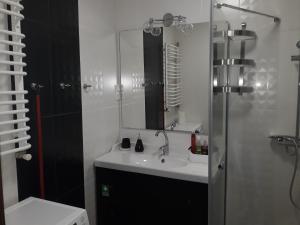 a white bathroom with a sink and a mirror at Apartament Czwarte Piętro in Świecie +24 photos