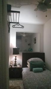 a bedroom with a bed and a lamp and a mirror at Tropical Delightful Guest Studio in Canovanas