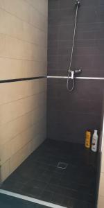 y baño con ducha y suelo de baldosa negra. en ALMAALQUILER Clavería 11, en Almagro