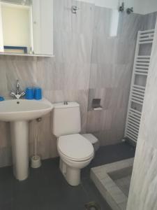 a bathroom with a white toilet and a sink at Serifos Palace in Livadakia
