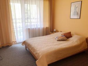 a bedroom with a bed and a large window at Rēzijas in Ķegums