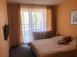 um quarto com uma cama e uma grande janela em Rēzijas em Ķegums