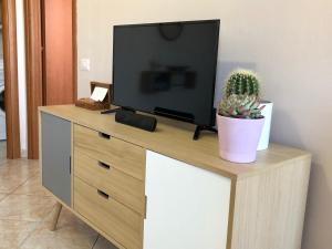 a tv on top of a wooden dresser with a cactus at Casa Sir Oliver in Bollate