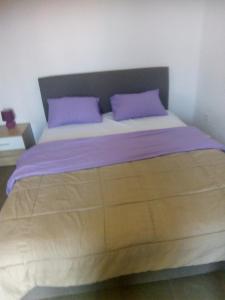 a large bed with purple pillows in a bedroom at Apartment Marija in Kotor