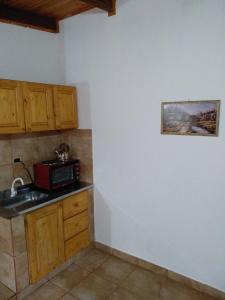 cocina con fregadero y microondas en Cabañas Nativa en Montecarlo