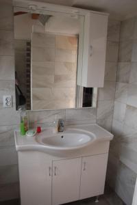 a bathroom with a white sink and a mirror at Apartman Slavko in Zverinac