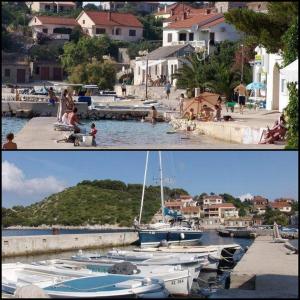 two pictures of a marina with boats in the water at Apartman Slavko in Zverinac