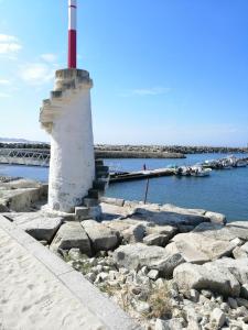 a lighthouse on the shore of a body of water at Apartamento T2 in Vila Praia de Âncora