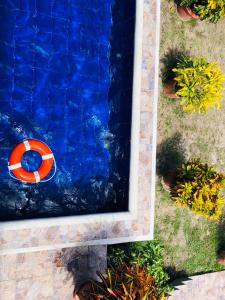 a pool with a life preserver next to a swimming pool at Posada Lkjay Providencia Isla in Providencia